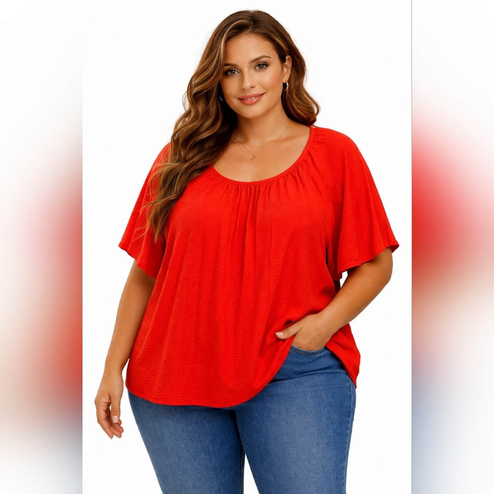 Max Studio Vibrant Orange Scoop-Neck Flutter Sleeve Tunic Size 2X